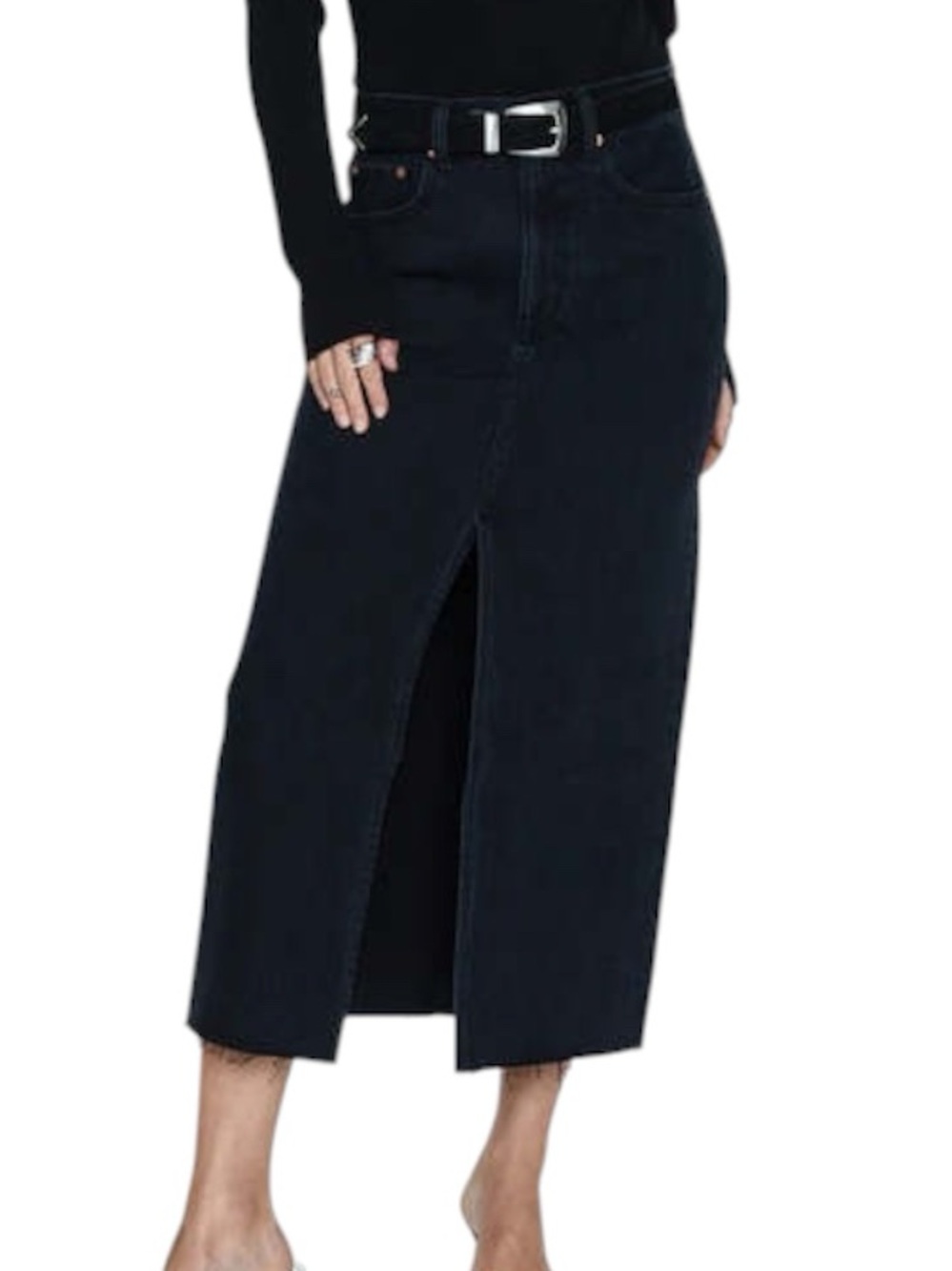 Pistola Women's Alice Denim Midi Skirt Black Front Slit Frayed Hem sz 28